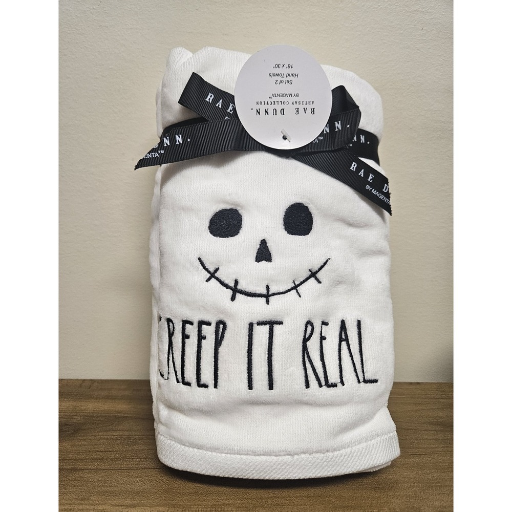 New Rae Dunn CREEP IT REAL Set Of 2 Hand Towels 16"X30" Halloween By Magenta